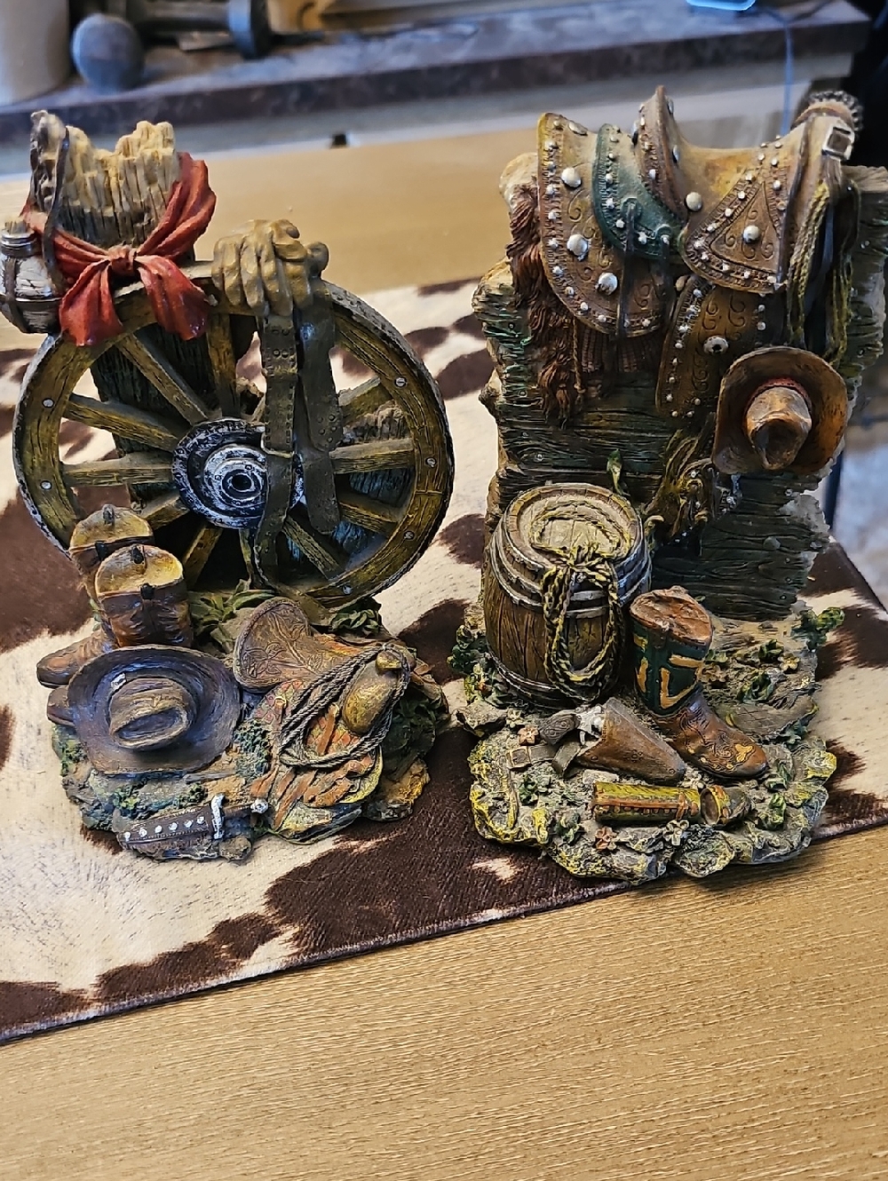 Rustic Western Decorative Figurine Set - Wagon Wheel & Saddle Scene